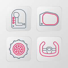 Sticker - Set line Sport steering wheel, Car, mirror and Gear shifter icon. Vector