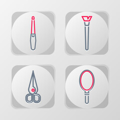 Sticker - Set line Hand mirror, Scissors, Makeup brush and Nail file icon. Vector