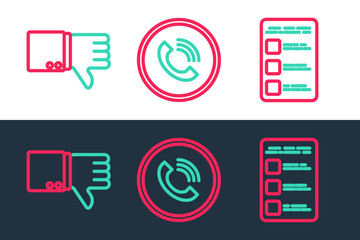 Poster - Set line Create account screen on mobile, Dislike and Phone call icon. Vector