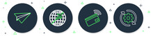 Set Line Globe With Flying Plane, Contactless Payment, Paper And Gear And Arrows As Workflow Icon. Vector