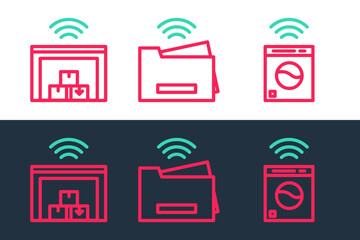 Sticker - Set line Smart washer, warehouse and printer icon. Vector