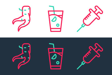 Sticker - Set line Syringe, Ginger root and Fresh smoothie icon. Vector