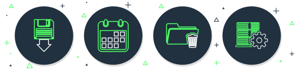 Sticker - Set line Calendar, Delete folder, Floppy disk backup and Server setting icon. Vector