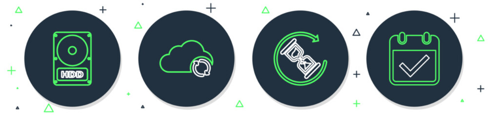 Poster - Set line Cloud sync refresh, Waiting, Hard disk drive HDD and Calendar with check mark icon. Vector