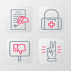 Canvas Print - Set line Hand showing two finger, Protest, First aid kit and Petition icon. Vector