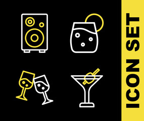 Sticker - Set line Cocktail, Martini glass, Glass of champagne and Stereo speaker icon. Vector