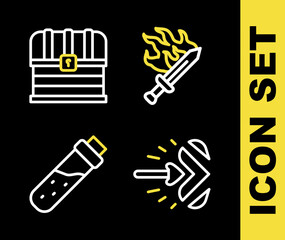 Poster - Set line Sword for game, Magic arrow, Bottle with potion and Chest icon. Vector
