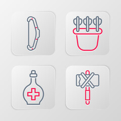 Poster - Set line Medieval axe, Bottle with potion, Quiver arrows and bow icon. Vector