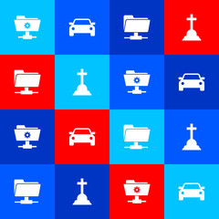 Poster - Set FTP settings folder, Car, and Tombstone with cross icon. Vector