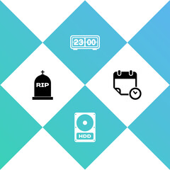 Poster - Set Tombstone with RIP written, Hard disk drive HDD, Retro flip clock and Calendar and icon. Vector