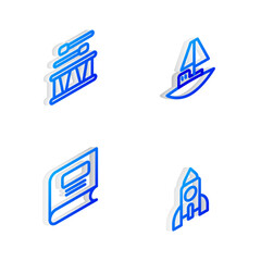 Poster - Set Isometric line Toy boat, Drum with drum sticks, Book and Rocket ship toy icon. Vector