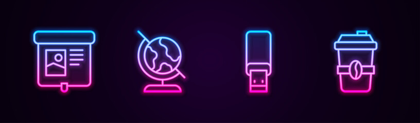 Sticker - Set line Projection screen, Earth globe, USB flash drive and Coffee cup to go. Glowing neon icon. Vector