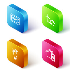 Sticker - Set Isometric line Thermostat, House with wind turbine, Light bulb and graduation cap and Smart home remote control system icon. Vector