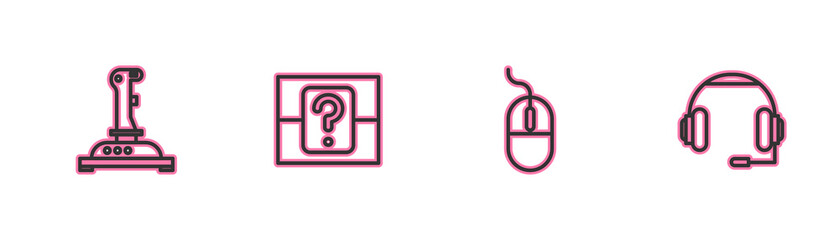 Poster - Set line Joystick for arcade machine, Computer mouse, Mystery random box and Headphones icon. Vector