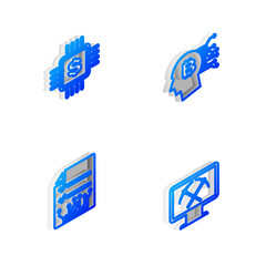 Poster - Set Isometric line Bitcoin think, Processor chip with dollar, Smart contract and Mining monitor and pickaxe icon. Vector