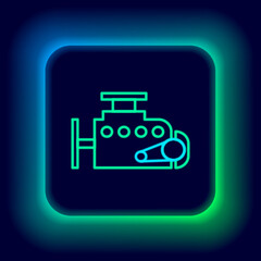 Poster - Glowing neon line Car engine icon isolated on black background. Colorful outline concept. Vector