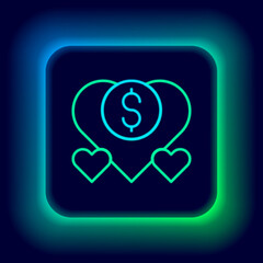 Canvas Print - Glowing neon line Donation and charity icon isolated on black background. Donate money and charity concept. Colorful outline concept. Vector