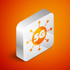 Sticker - Isometric 5G new wireless internet wifi connection icon isolated on orange background. Global network high speed connection data rate technology. Silver square button. Vector