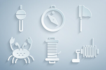 Poster - Set Spinning reel for fishing, Fishing net with, Crab, Compass and float icon. Vector