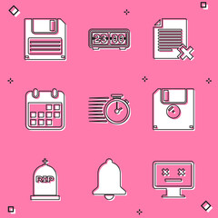 Poster - set floppy disk, retro flip clock, delete file document, calendar, stopwatch and icon. vector