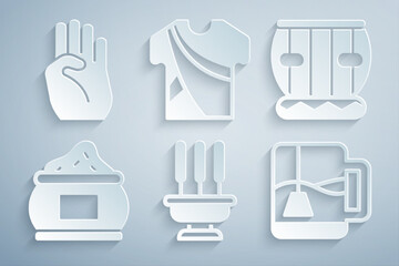 Poster - Set Incense sticks, Instrument tabla, Indian spice, Cup of tea with tea bag, man dress and symbol hand icon. Vector