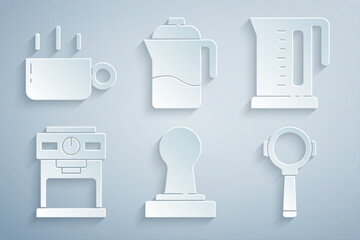 Poster - Set Coffee tamper, Electric kettle, machine, filter holder, French press and cup icon. Vector