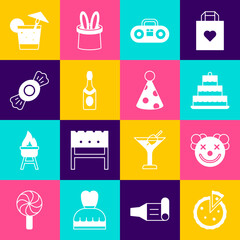 Canvas Print - Set Homemade pie, Clown head, Cake with burning candles, stereo two speakers, Champagne bottle, Candy, Cocktail and Party hat icon. Vector