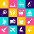 Set Ice cream, Shovel toy, Pyramid, Drum with drum sticks, Butterfly, Rattle baby, Racket and Baby stroller icon. Vector