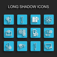 Sticker - Set line Microphone service, Security camera, Smartwatch, Wrench, Computer monitor, Air conditioner, Power bank and Blender icon. Vector