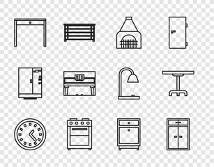 Sticker - Set line Clock, Wardrobe, Interior fireplace, Oven, Wooden table, Grand piano, Furniture nightstand and Round icon. Vector