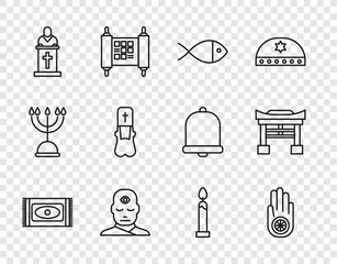 Wall Mural - Set line Traditional carpet, Jainism or Jain Dharma, Christian fish, Man with third eye, Church pastor preaching, Priest, Burning candle and Japan Gate icon. Vector