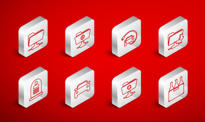 Poster - Set line Bottles of wine in box, FTP settings folder, Electric car, download, sync refresh, Car and Tombstone with RIP written icon. Vector