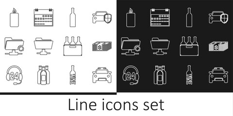 Poster - Set line Police car and flasher, Paper money dollars cash, Bottle of wine, FTP folder, sync refresh, Burning candle, Bottles box and Calendar icon. Vector