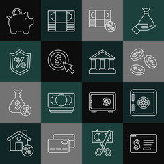 Poster - Set line Online banking with dollar, Safe, Coin money, Money percent, Loan, Piggy and Bank building icon. Vector