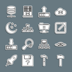 Poster - set line hammer, ufo flying spaceship, open new window, loading, folder tree, moon and stars, server