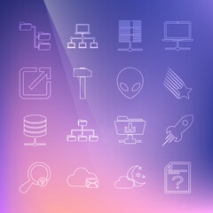 Poster - Set line Unknown document, Rocket ship with fire, Falling star, Server, Data, Web Hosting, Hammer, Open new window, Folder tree and Alien icon. Vector