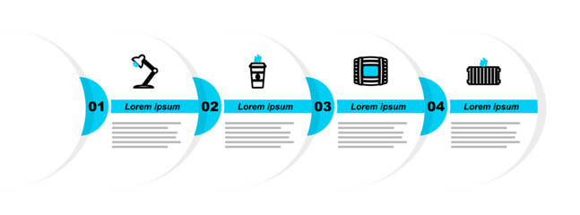 Sticker - Set line Heating radiator, Wooden barrel with rum, Coffee cup and Table lamp icon. Vector