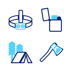 Sticker - Set line Wooden axe, Tourist tent, Lighter and Head flashlight icon. Vector