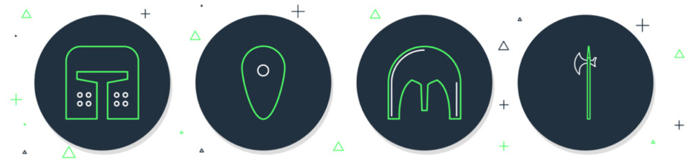 Poster - Set line Shield, Medieval iron helmet, and halberd icon. Vector