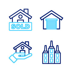 Sticker - Set line Skyscraper, Realtor, Garage and Hanging sign with text Sold icon. Vector