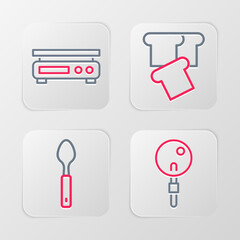 Sticker - Set line Lollipop, Spoon, Bread toast and Electronic scales icon. Vector