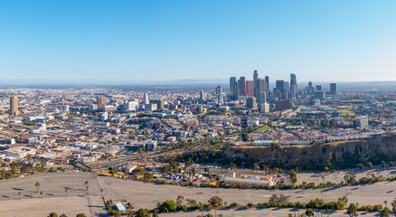 Wall Mural - Aerial: panoramic view of Los Angeles skyscrapers. Drone view