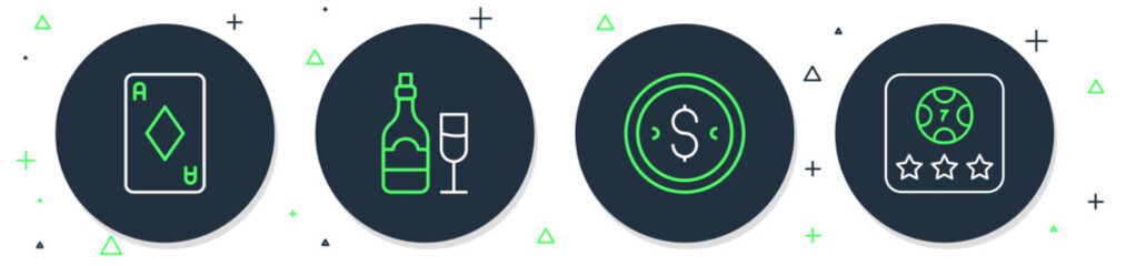 Poster - Set line Champagne bottle with glass, Coin money dollar, Playing card diamonds and Online poker table game icon. Vector