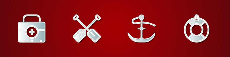 Canvas Print - Set First aid kit, Paddle, Anchor and Lifebuoy icon. Vector