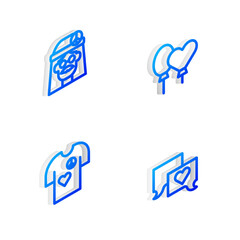 Sticker - Set Isometric line Balloons, Hippie girl, Peace t-shirt print stamp and Speech bubble chat icon. Vector