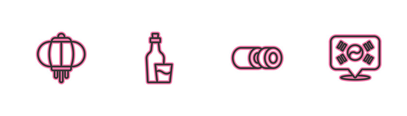 Poster - Set line Korean lantern, Sushi, Soju bottle and Location South icon. Vector