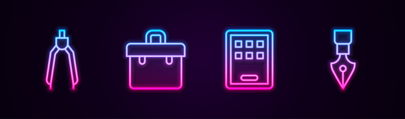 Canvas Print - Set line Drawing compass, Briefcase, Graphic tablet and Fountain pen nib. Glowing neon icon. Vector