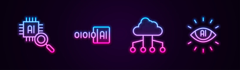 Set line Processor CPU, Binary code, Network cloud connection and Artificial intelligence AI. Glowing neon icon. Vector