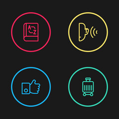 Sticker - Set line Hand like, Suitcase, Ear listen sound signal and Translator book icon. Vector