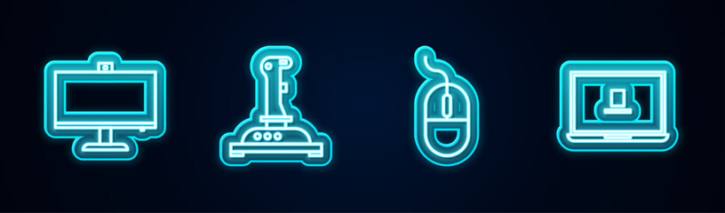 Poster - Set line Computer monitor, Joystick for arcade machine, mouse and Laptop. Glowing neon icon. Vector